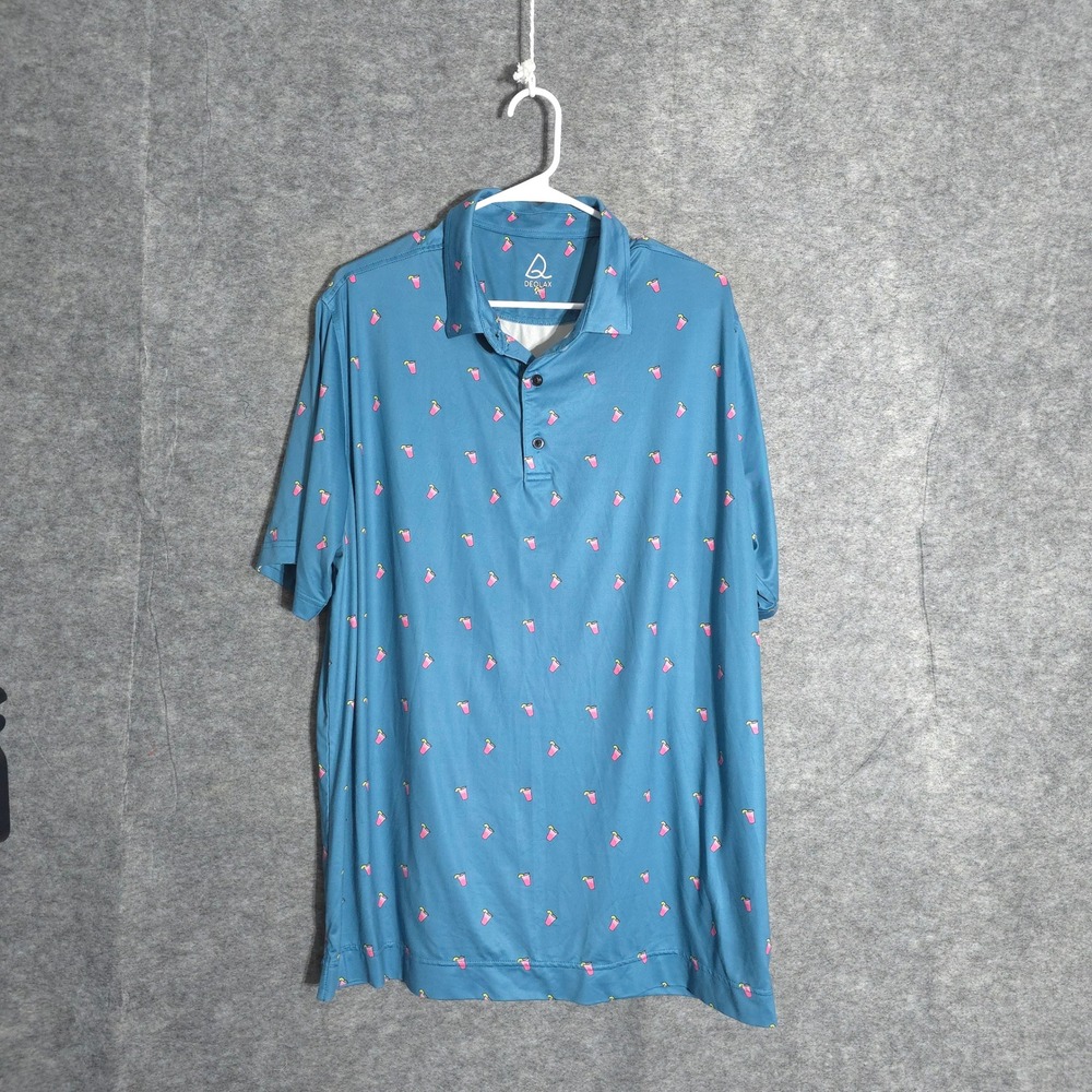 Deolax Polo Shirt Mens XL Blue Cocktail Print Golf Performance Short Sleeve Top